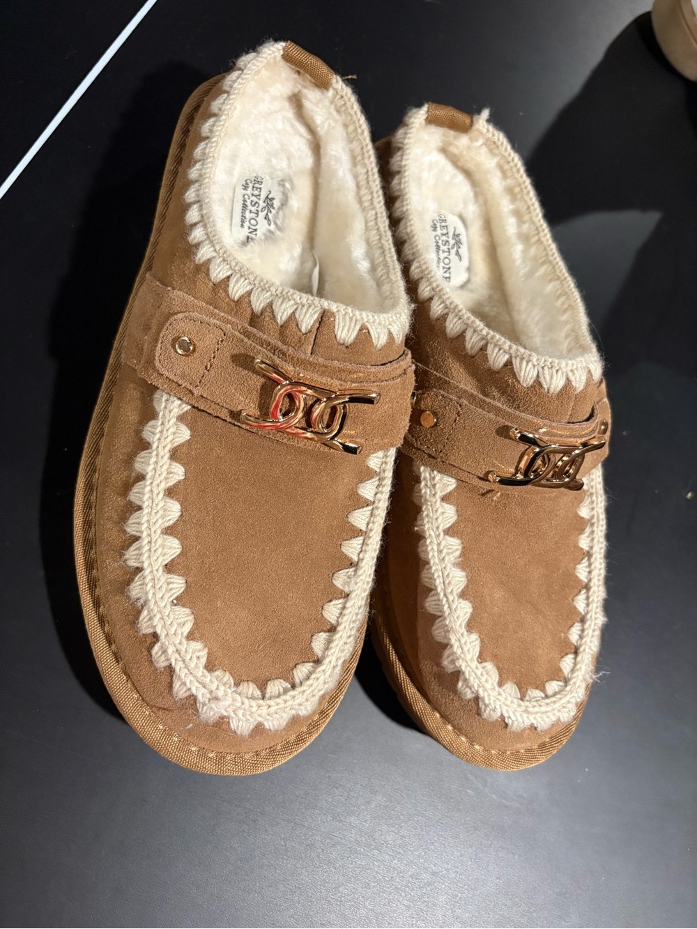 Tan Suede Shearling-Lined Mules